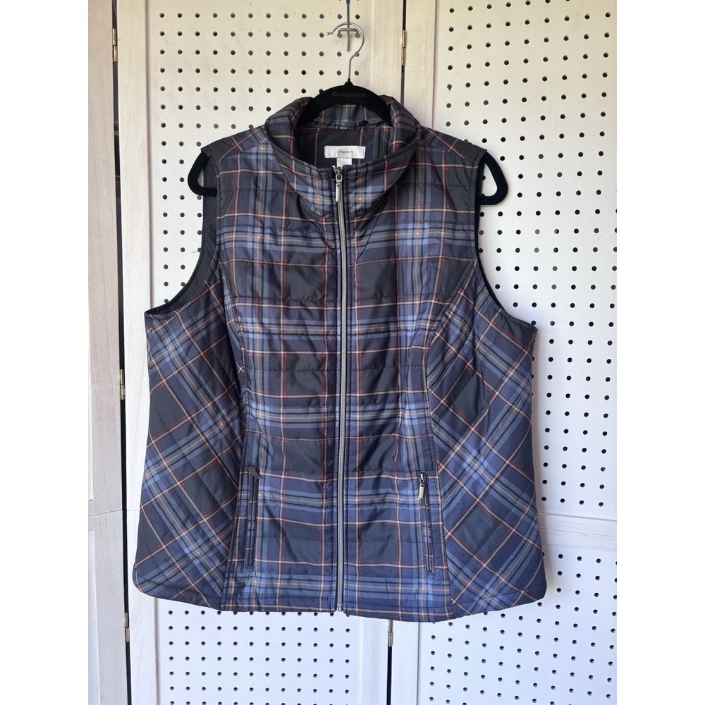 CJ BANKS Lightweight Zip Up Plaid Vest Navy Brown Black Women's 1X (XL)